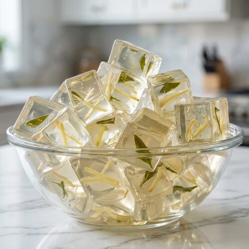 Translucent gelatin trick recipe squares infused with ginger and green tea on a white marble surface in natural lighting.