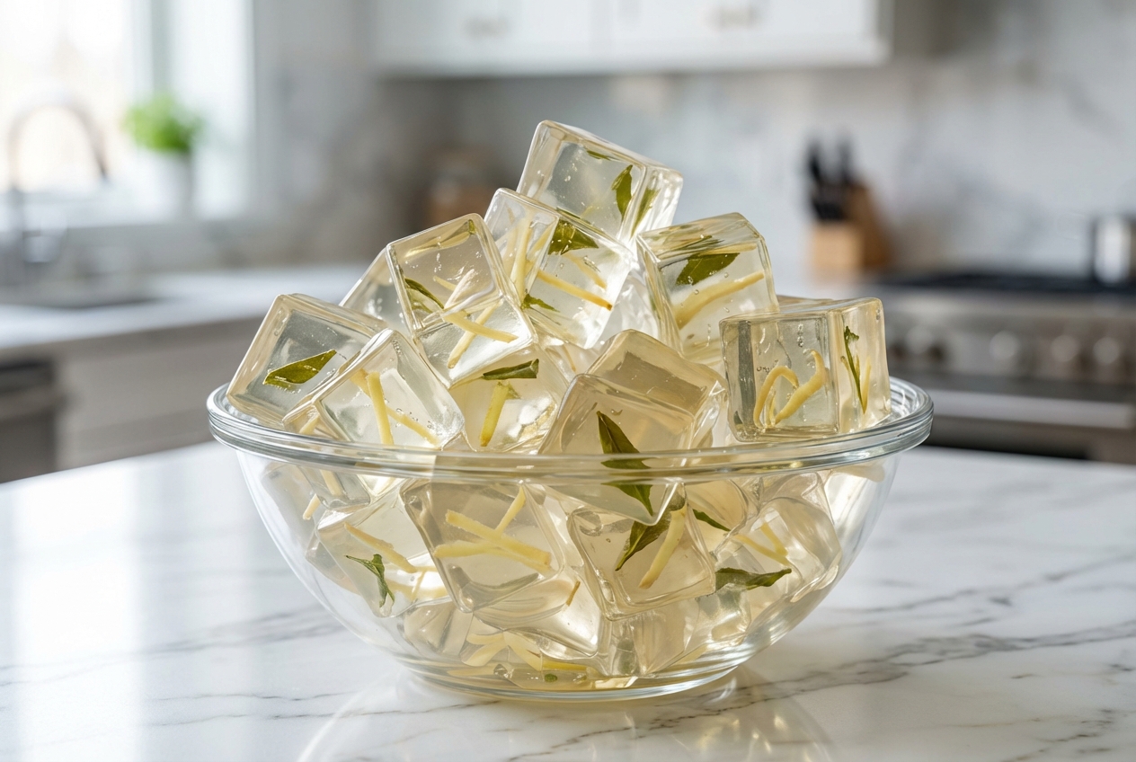 Translucent gelatin trick recipe squares infused with ginger and green tea on a white marble surface in natural lighting.