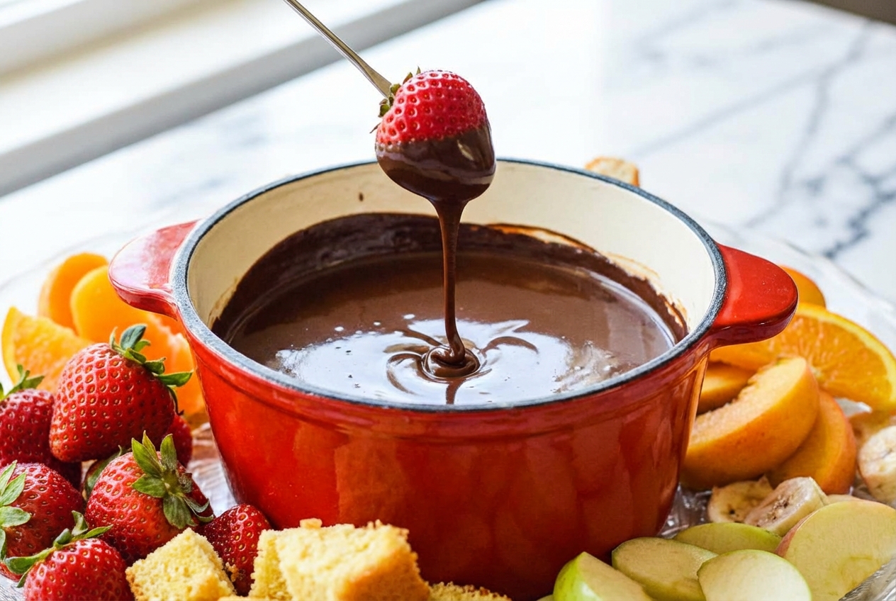 Chocolate fondue recipe in a ceramic bowl on white marble, glossy finish from a touch of coconut oil.