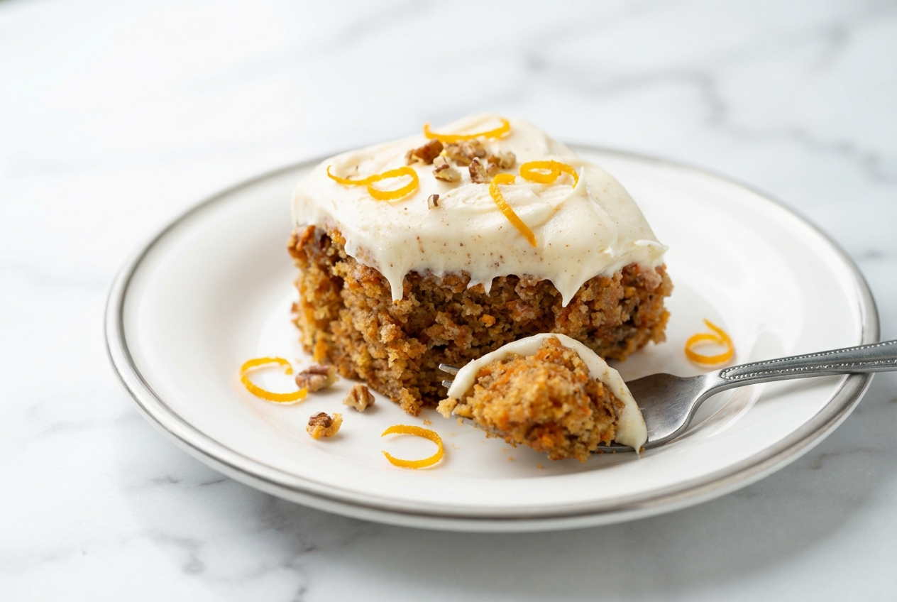 Gluten-Free Carrot Cake with speckled browned butter cream cheese frosting and orange zest on a white marble surface.