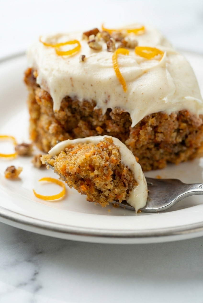 Macro view of the tender Gluten-Free Carrot Cake crumb highlighting perfect emulsification and moisture on a minimalist plate.