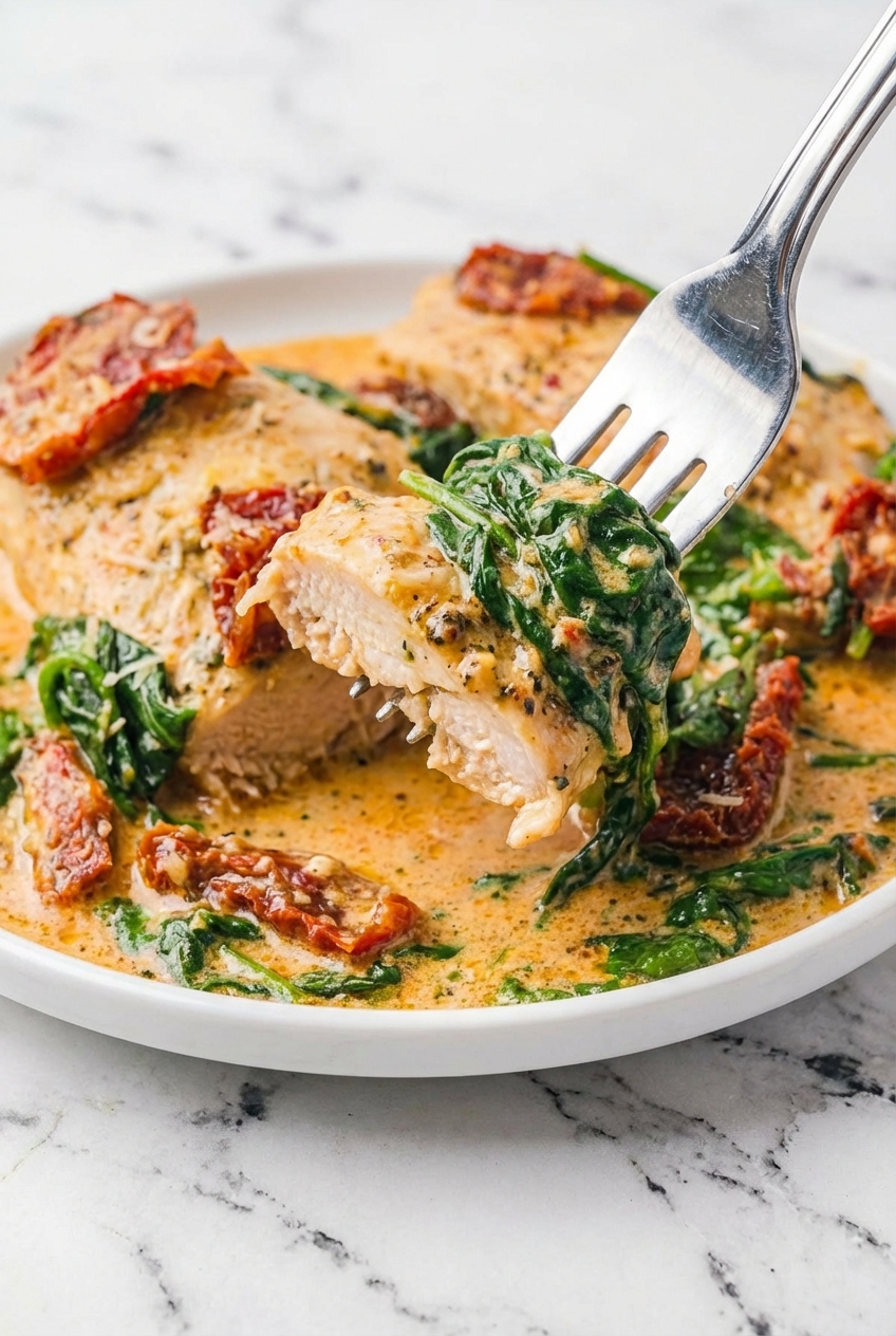 Close-up of the golden cream sauce in a crockpot tuscan chicken recipe highlighting the texture of sun-dried tomatoes under natural window lighting.