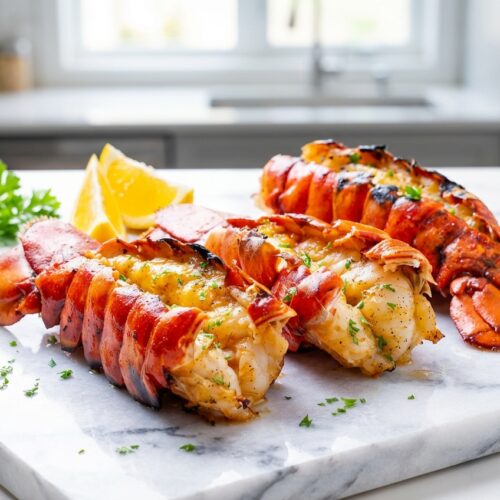 Grilled Lobster Tails Recipe with vanilla-infused brown butter baste on a white marble surface with soft shadows.