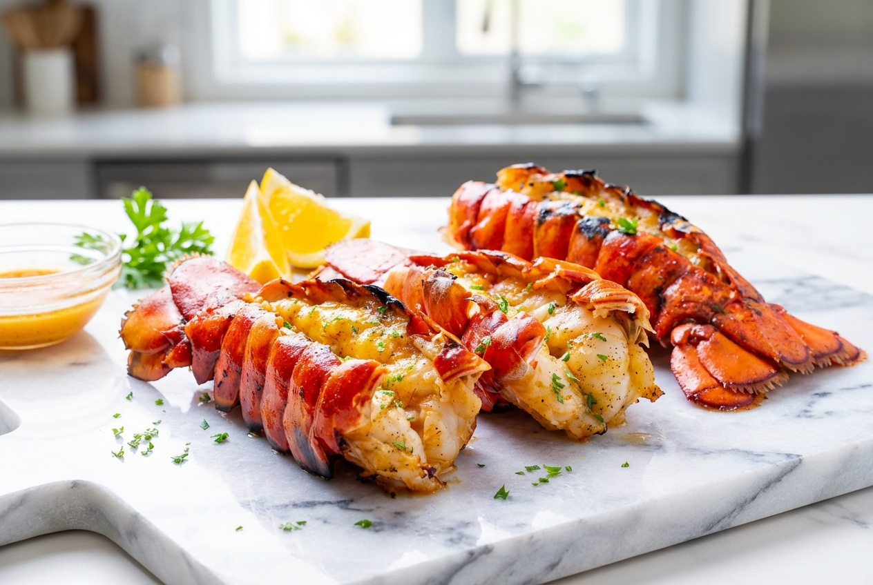 Grilled Lobster Tails Recipe with vanilla-infused brown butter baste on a white marble surface with soft shadows.
