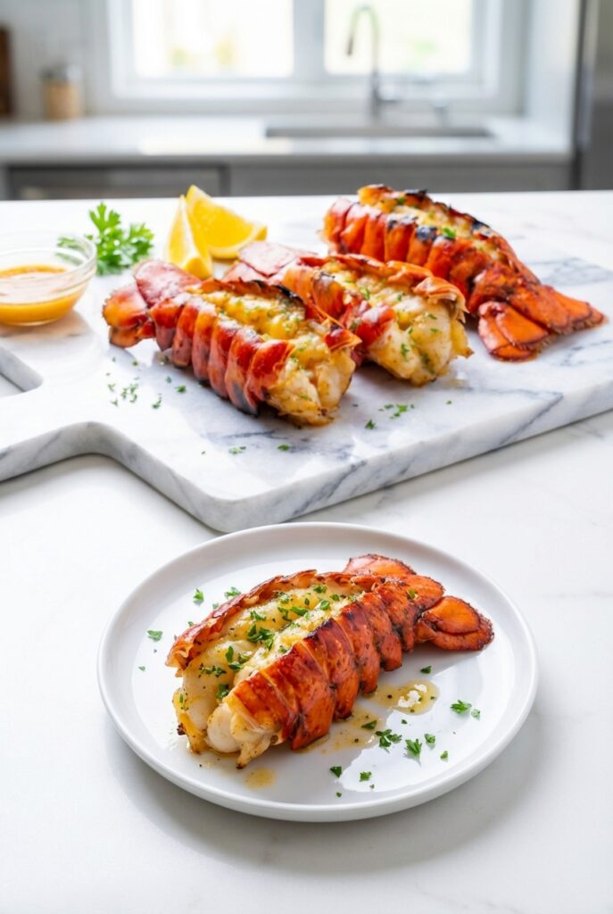 Using an instant-read thermometer to check Grilled Lobster Tails Recipe in a minimalist white ceramic vessel.