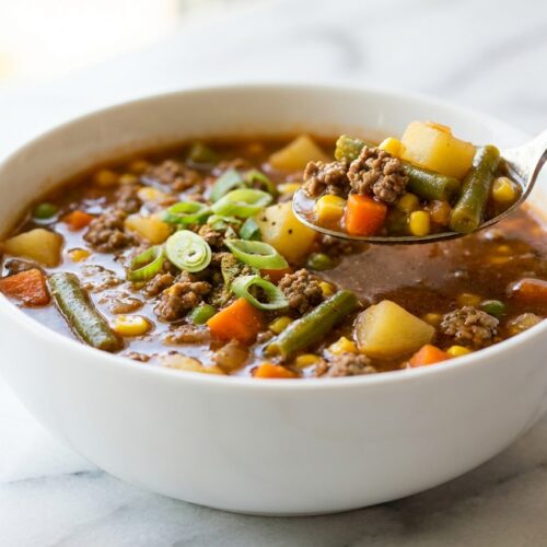 Hearty hamburger vegetable soup with an umami-miso boost in a minimalist ceramic bowl on a white marble surface.