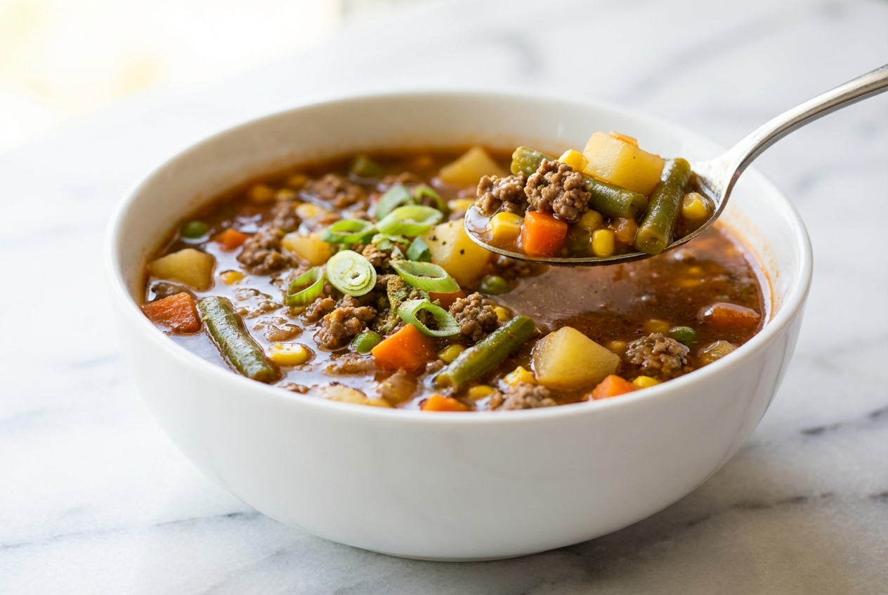Hearty hamburger vegetable soup with an umami-miso boost in a minimalist ceramic bowl on a white marble surface.