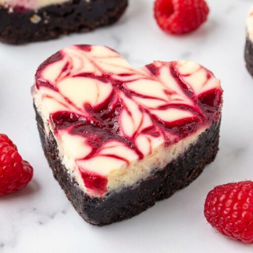 Heart Shaped Brownies with a double-swirl of raspberry and cheesecake on a white marble surface in natural window light.