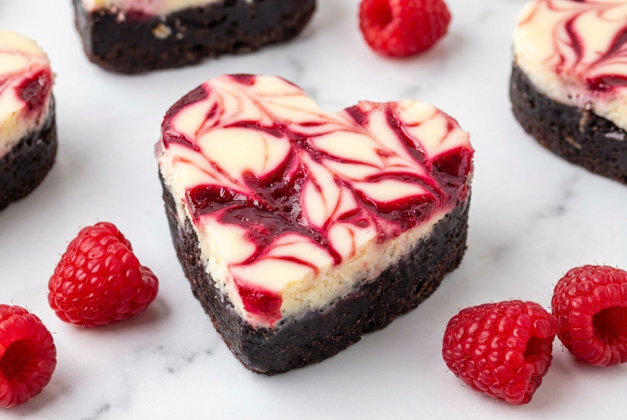 Heart Shaped Brownies (with Raspberry Swirl And Cheesecake Topping)