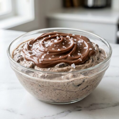 Creamy High-Protein Ice Cream with a pudding-salt hybrid hack texture in a minimalist ceramic bowl on white marble.