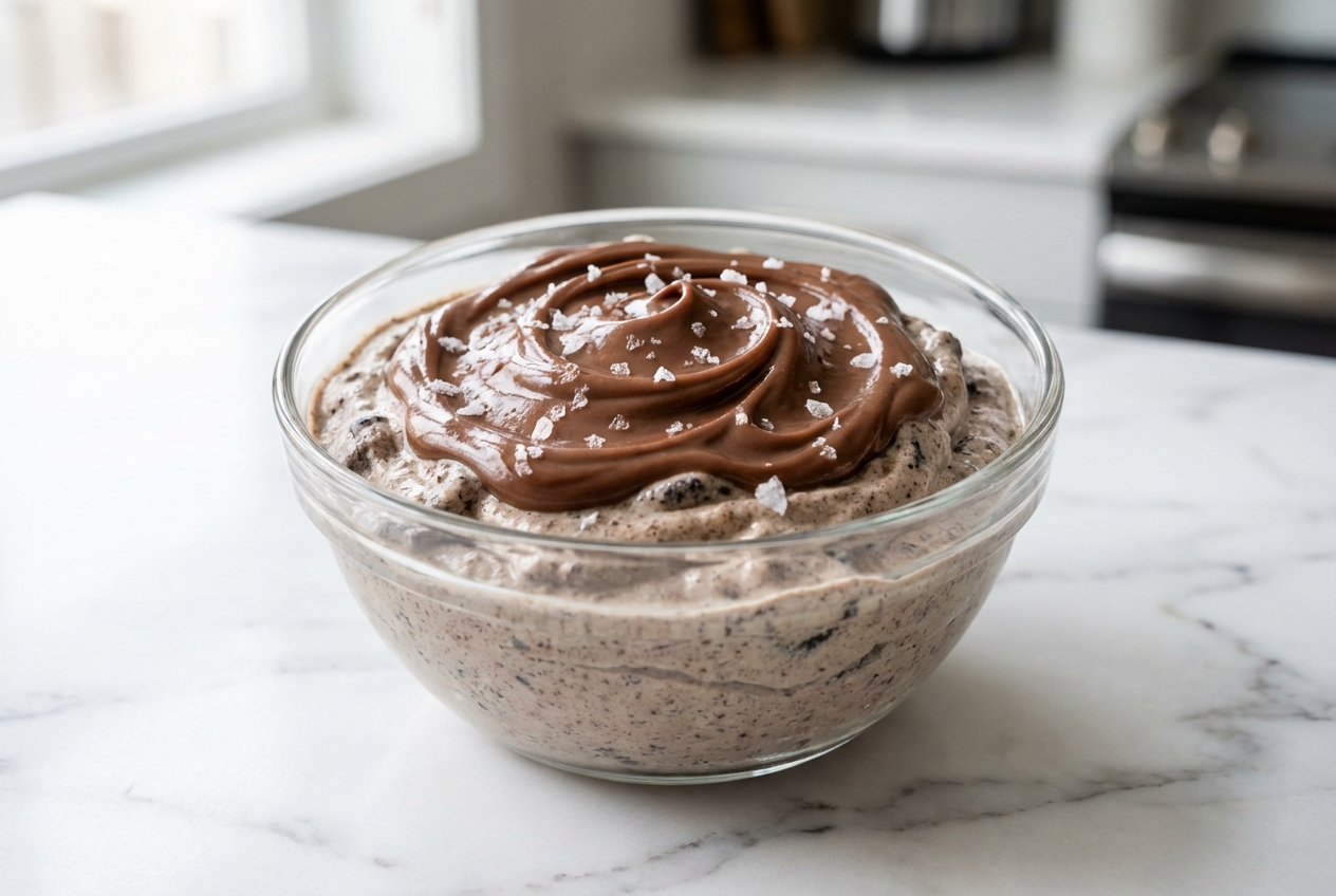 Creamy High-Protein Ice Cream with a pudding-salt hybrid hack texture in a minimalist ceramic bowl on white marble.