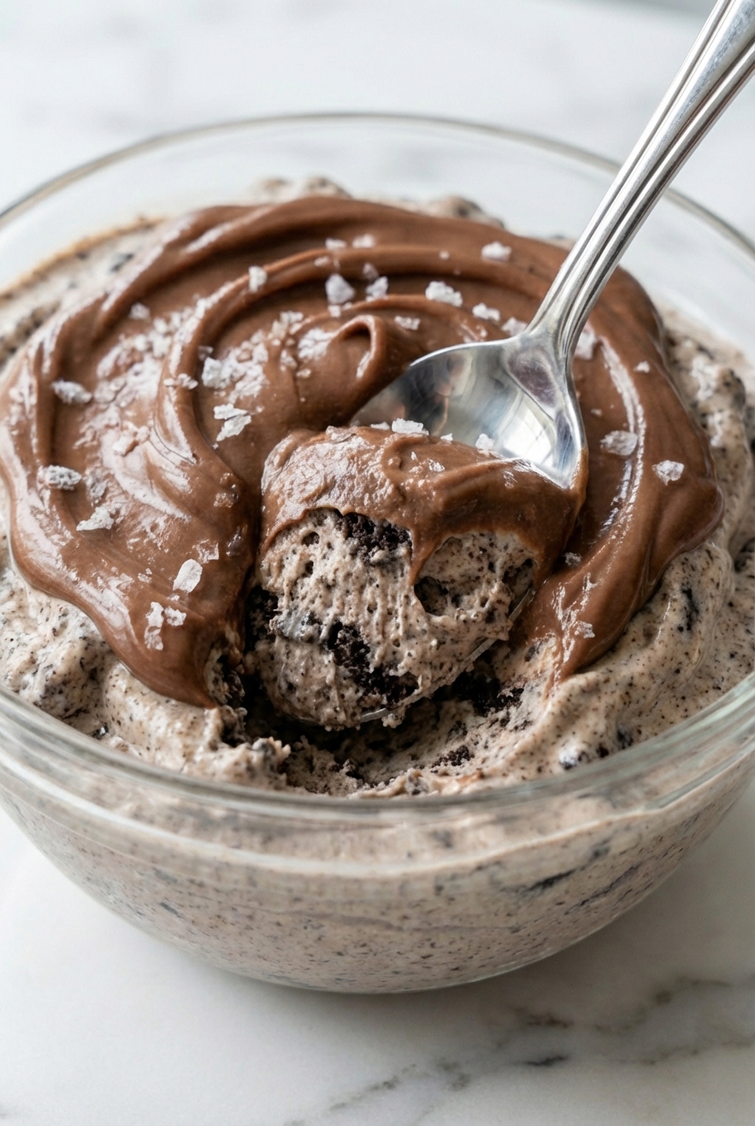 Macro shot of High-Protein Ice Cream showing a thick, dense texture inside a ceramic vessel under natural window lighting.