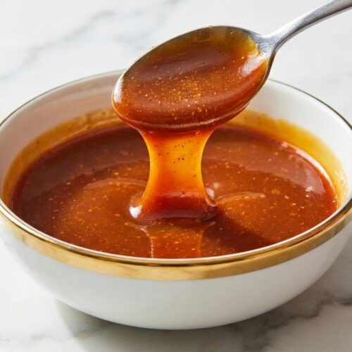 Smooth deep amber sauce with browned butter specks in a minimalist ceramic vessel on a white marble surface with natural lighting.