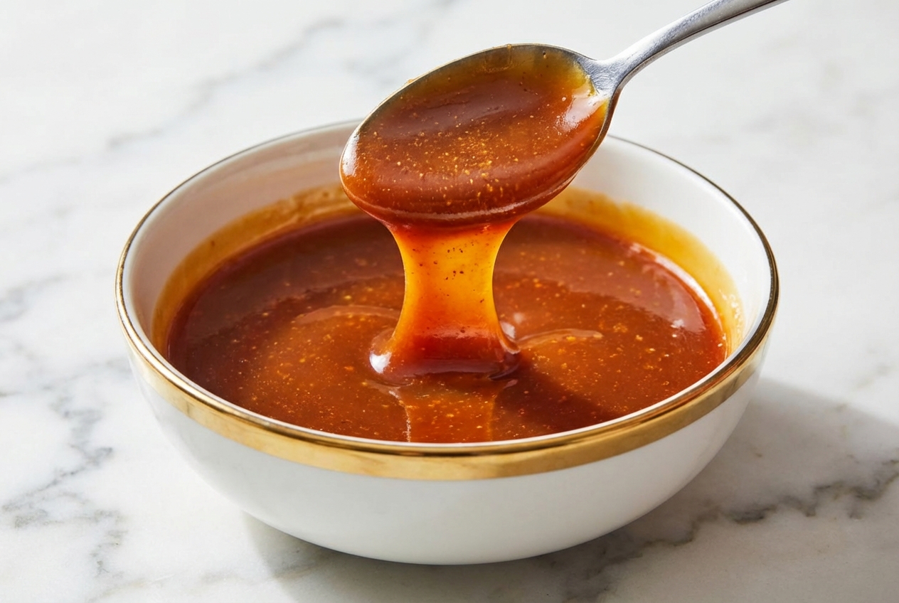 Smooth deep amber sauce with browned butter specks in a minimalist ceramic vessel on a white marble surface with natural lighting.