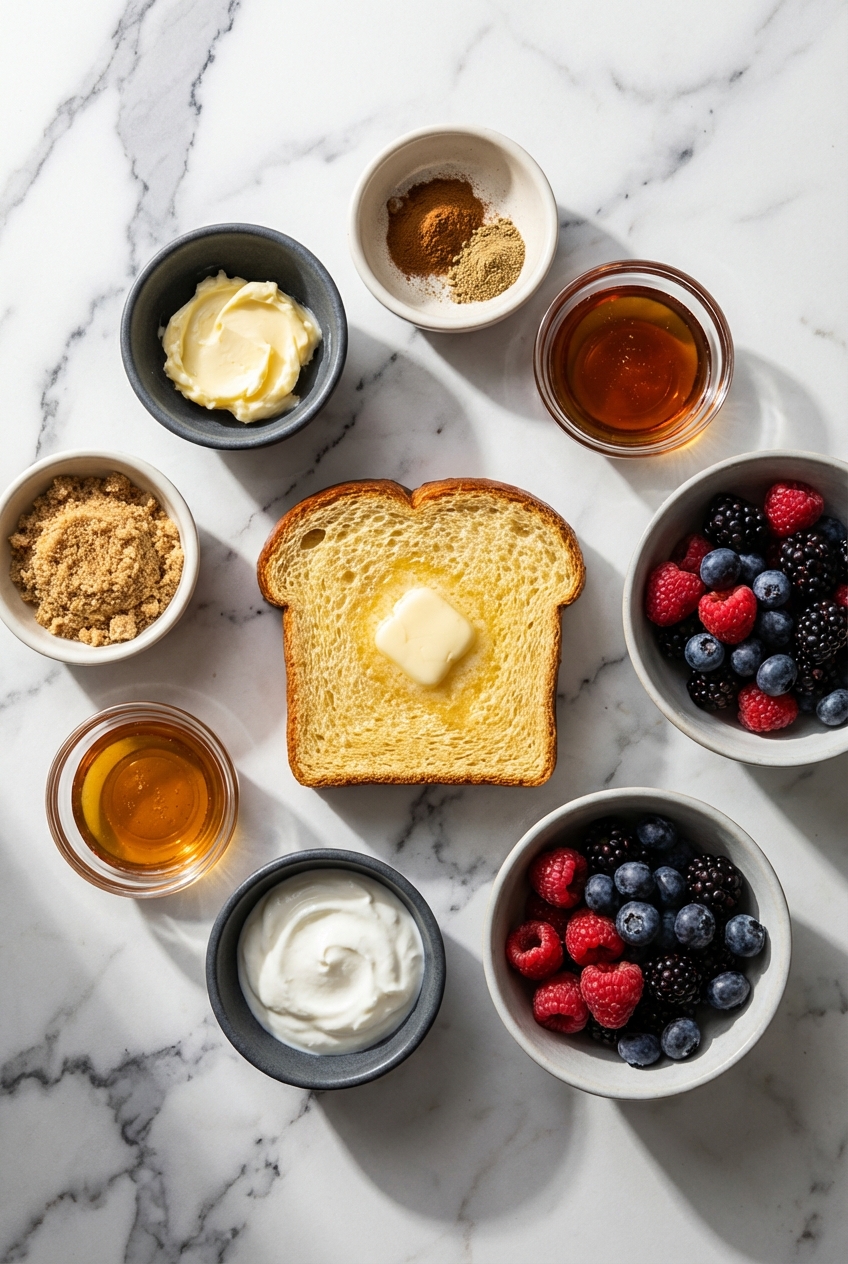 Flat lay of ingredients for Honey Butter Toast including thick Shokupan, brown butter, and Fleur de Sel on a minimalist surface.