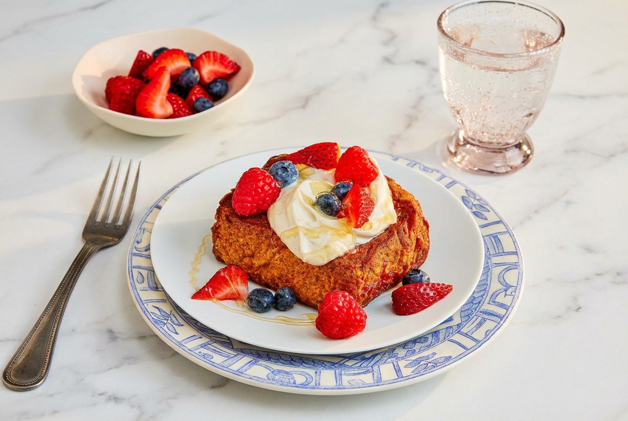 Golden Honey Butter Toast on white marble, showing the malted brown butter double-bake crust under natural window light.