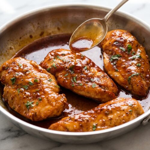 Glossy honey garlic chicken with a cold butter finish and toasted sesame oil on a minimalist ceramic vessel over white marble.