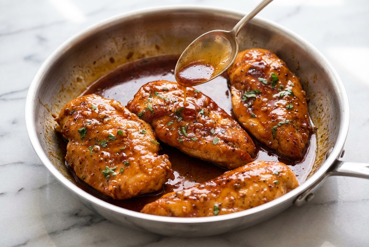 Glossy honey garlic chicken with a cold butter finish and toasted sesame oil on a minimalist ceramic vessel over white marble.