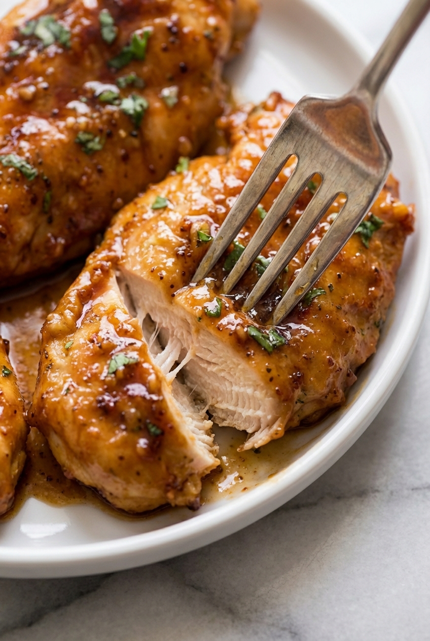 Macro texture of a glossy honey garlic chicken glaze showing perfect emulsification and thick sauce consistency on a white surface.