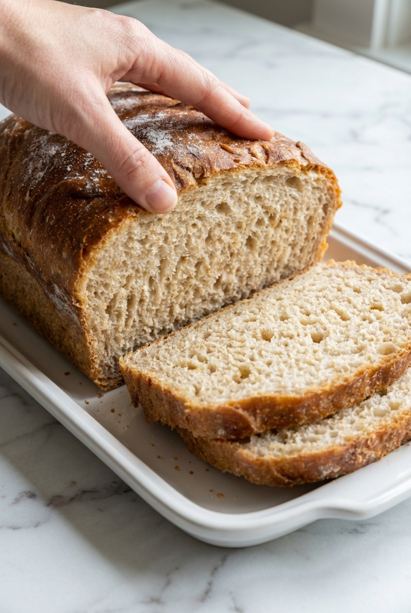 Close-up of the tender crumb structure and airy texture of honey whole wheat bread on a minimalist ceramic vessel.