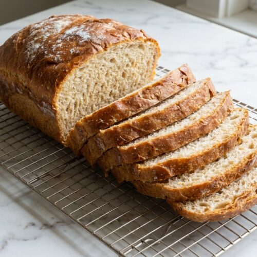 Golden honey whole wheat bread loaf on white marble, featuring a soft texture from the Yudane hydration hack.