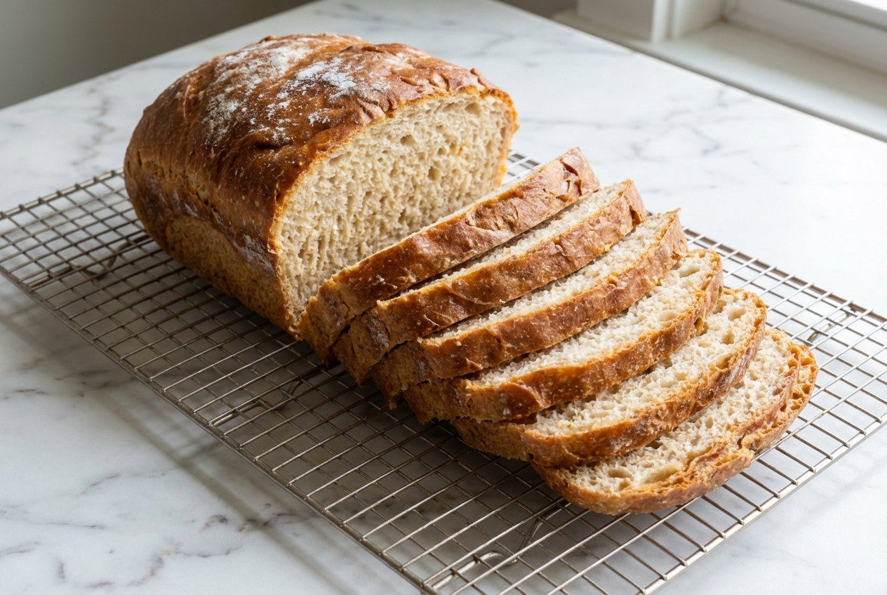 Golden honey whole wheat bread loaf on white marble, featuring a soft texture from the Yudane hydration hack.