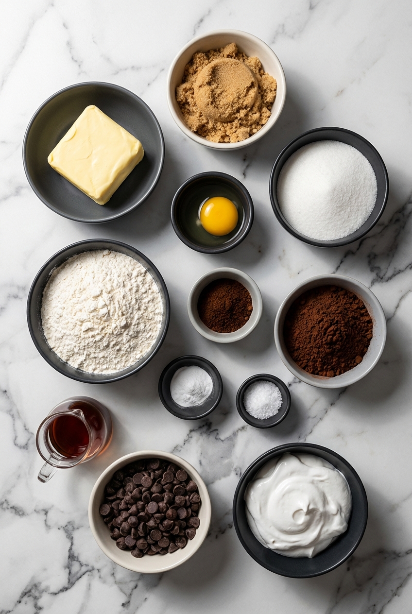 Flat lay of ingredients for Chocolate Marshmallow Swirl Cookies including Dutch-process cocoa, espresso powder, and marshmallow fluff on a contemporary countertop.