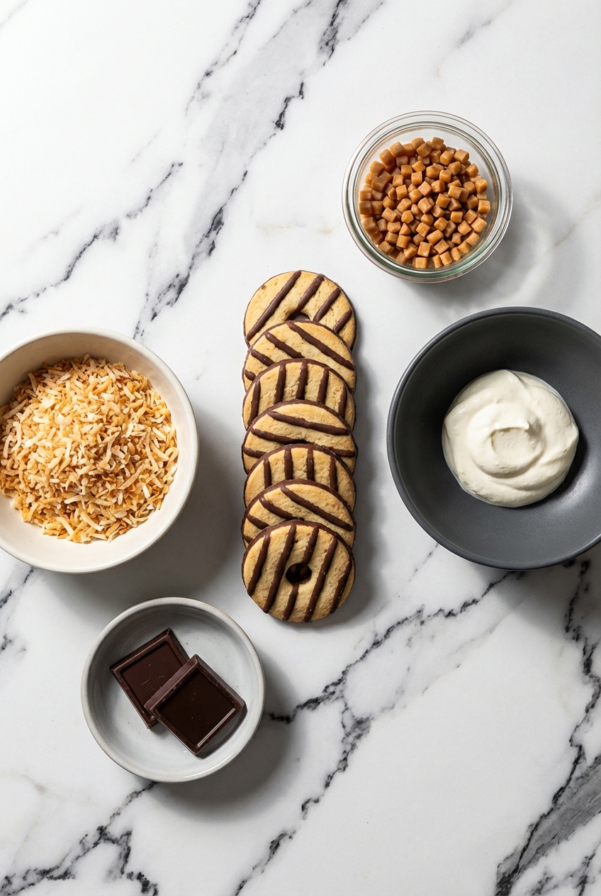 Flat lay of Medjool dates and desiccated coconut for No Bake Samoa Cookies on a contemporary countertop.