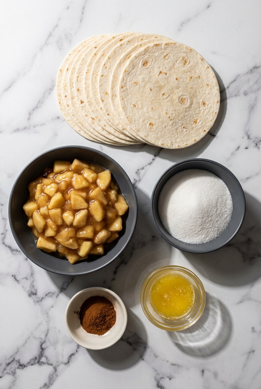 Flat lay of flour tortillas, apple pie filling, cinnamon sugar, and lemon on a contemporary white countertop.