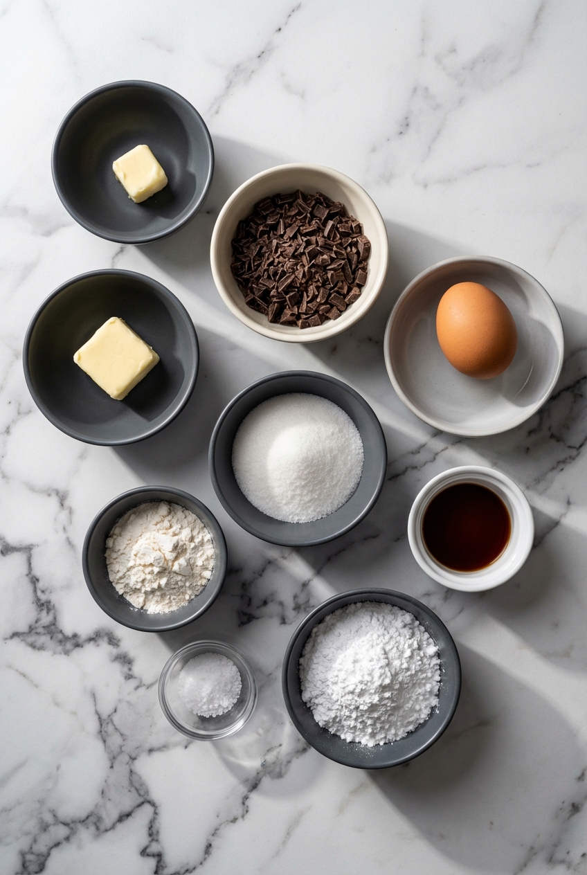Flat lay of Air Fryer Lava Cake Recipe ingredients like bittersweet chocolate and espresso powder on a marble counter.