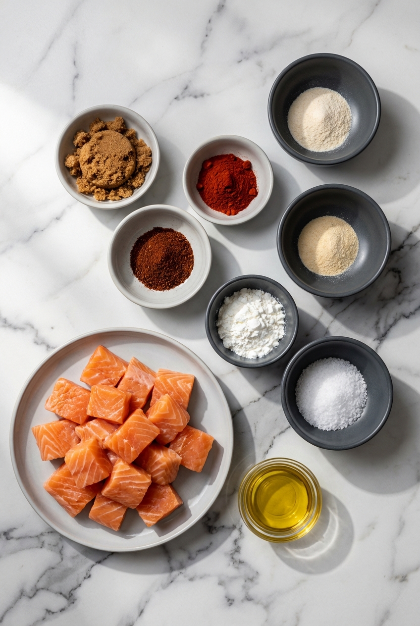 Flat lay of raw Atlantic Salmon cubes, avocado oil, and low sodium soy sauce on a contemporary countertop with natural lighting.