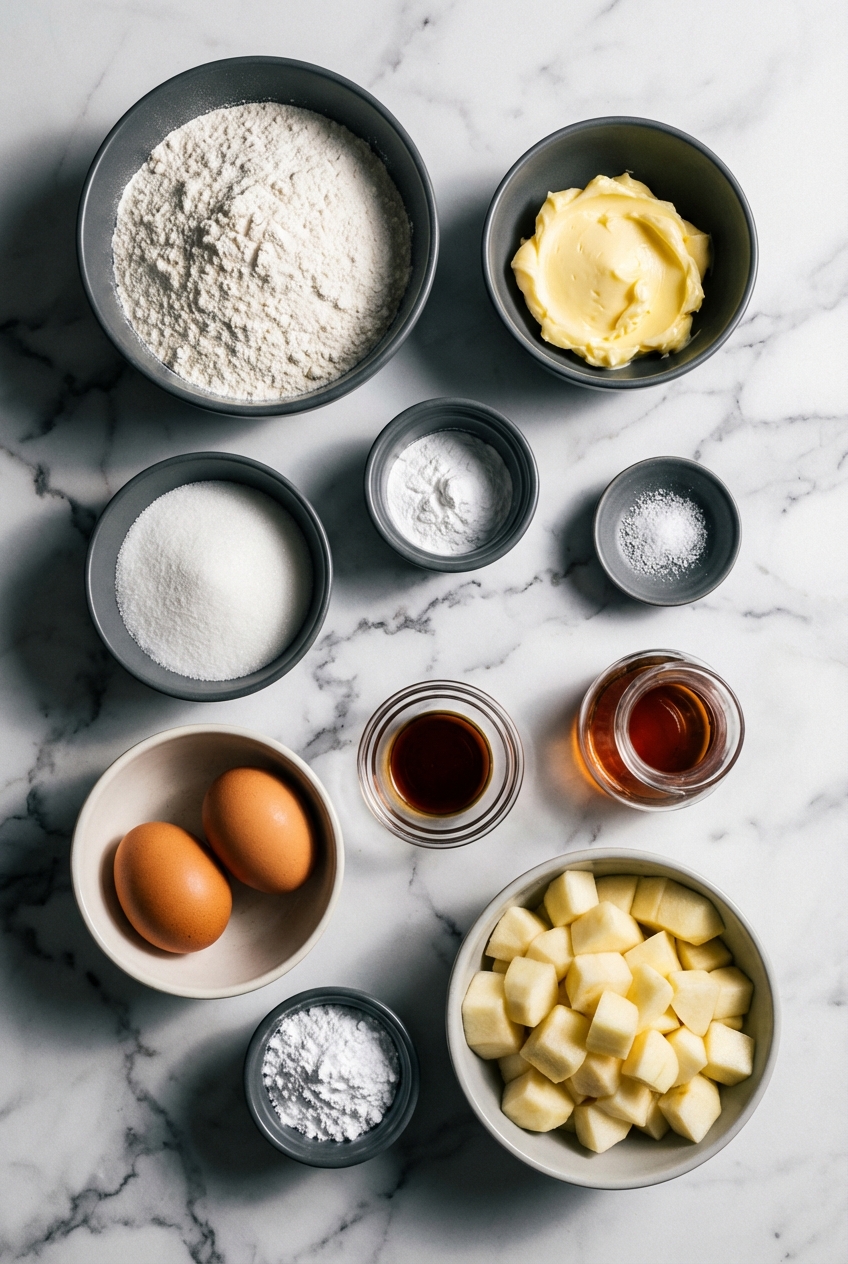 Flat lay of Apple Cake Recipe ingredients including Granny Smith apples, Honeycrisp, brown sugar, and dark rum on a contemporary countertop.