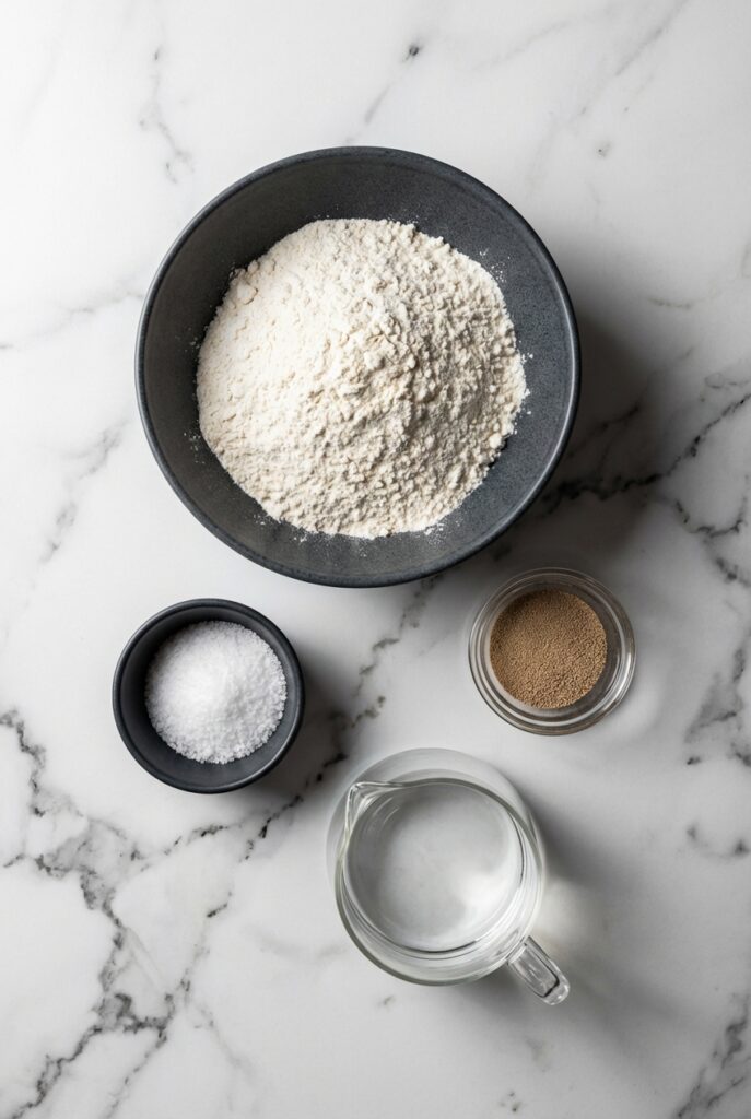 Flat lay of flour, salt, yeast, and water on a contemporary countertop for this Artisan Bread Recipe (4 Ingredients).