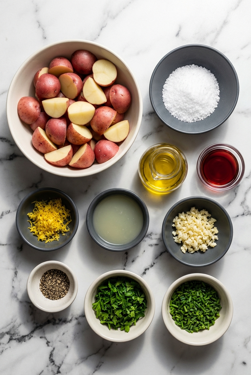 Flat lay of Yukon Gold potatoes, capers, and extra virgin olive oil for Authentic Italian Potato Salad on a contemporary countertop.