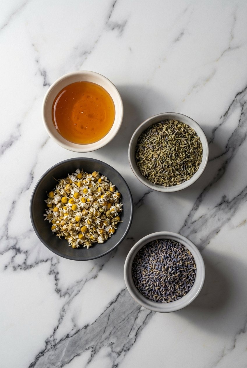 Flat lay of raw clover honey, coarse sea salt, and chamomile tea on a contemporary white marble countertop with soft shadows.