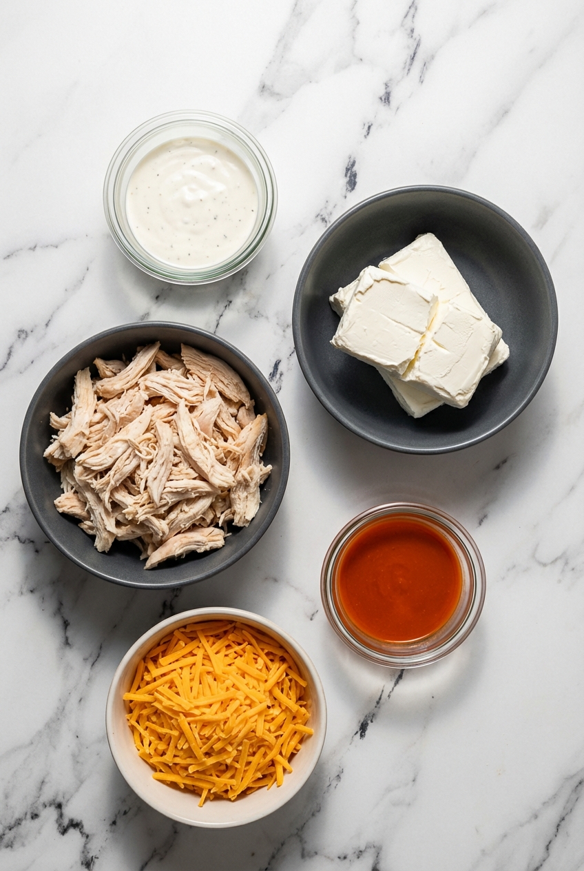 Flat lay composition of buffalo chicken dip crock pot ingredients including rotisserie chicken and Frank's RedHot on marble.