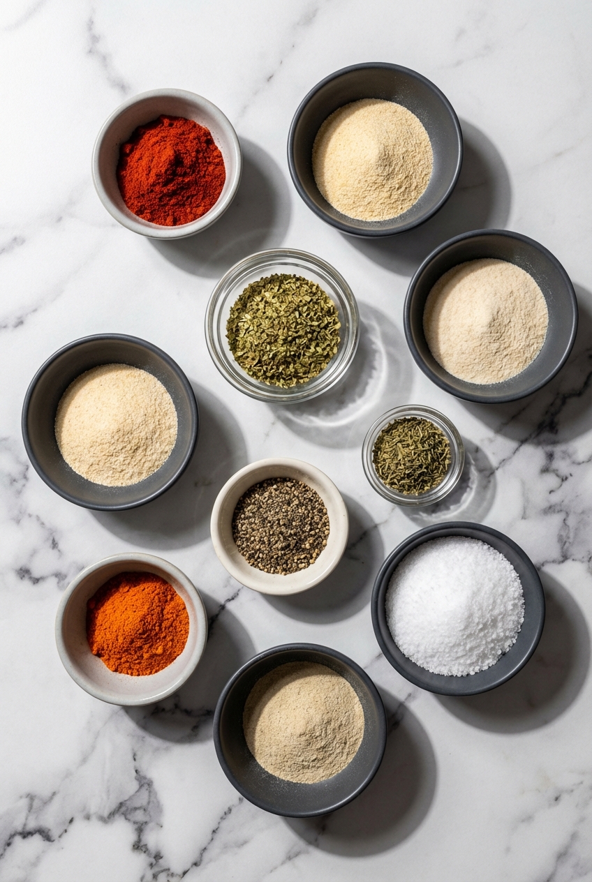 Flat lay of Cajun Seasoning Recipe ingredients including smoked paprika, cayenne pepper, and aromatic herbs on a white marble surface.