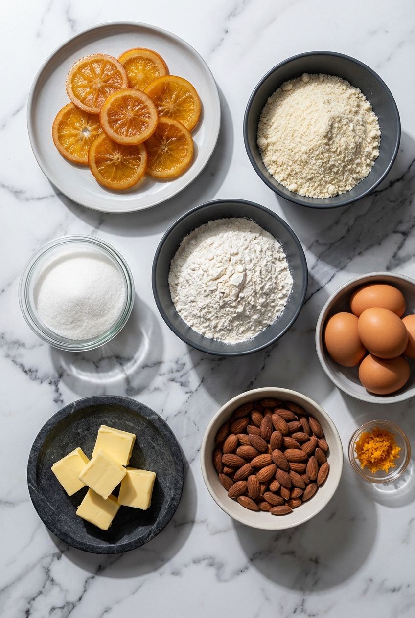 Flat lay of almond flour, Cara Cara oranges, and cardamom spice on a white marble surface in natural window lighting.