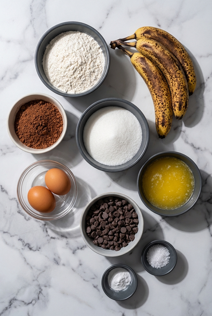 Flat lay of ingredients for Chocolate Banana Bread including overripe bananas, Dutch-process cocoa, and brown butter on marble.