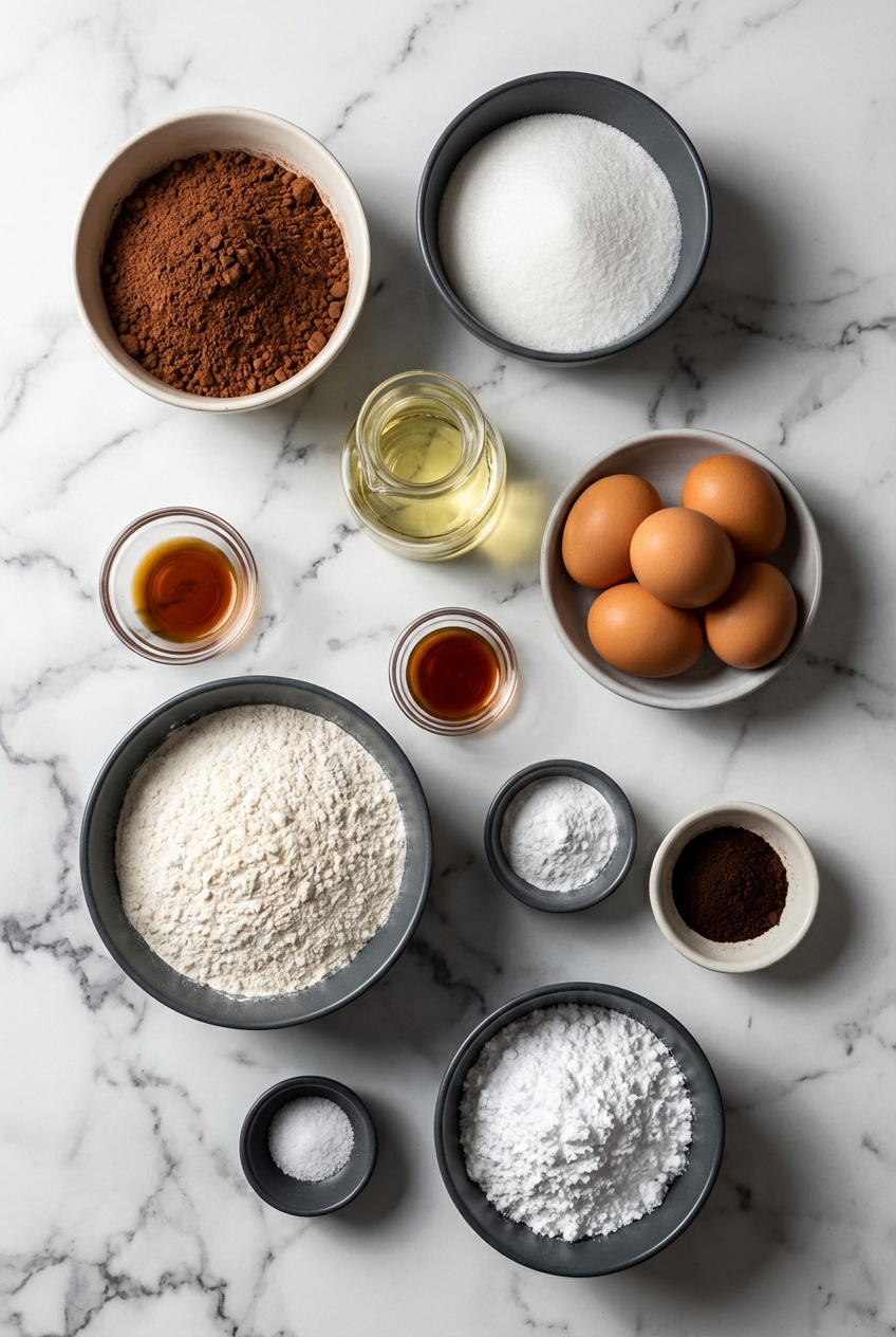 Flat lay of Chocolate Crinkle Cookies ingredients with Dutch-processed cocoa and brown sugar on a contemporary countertop.