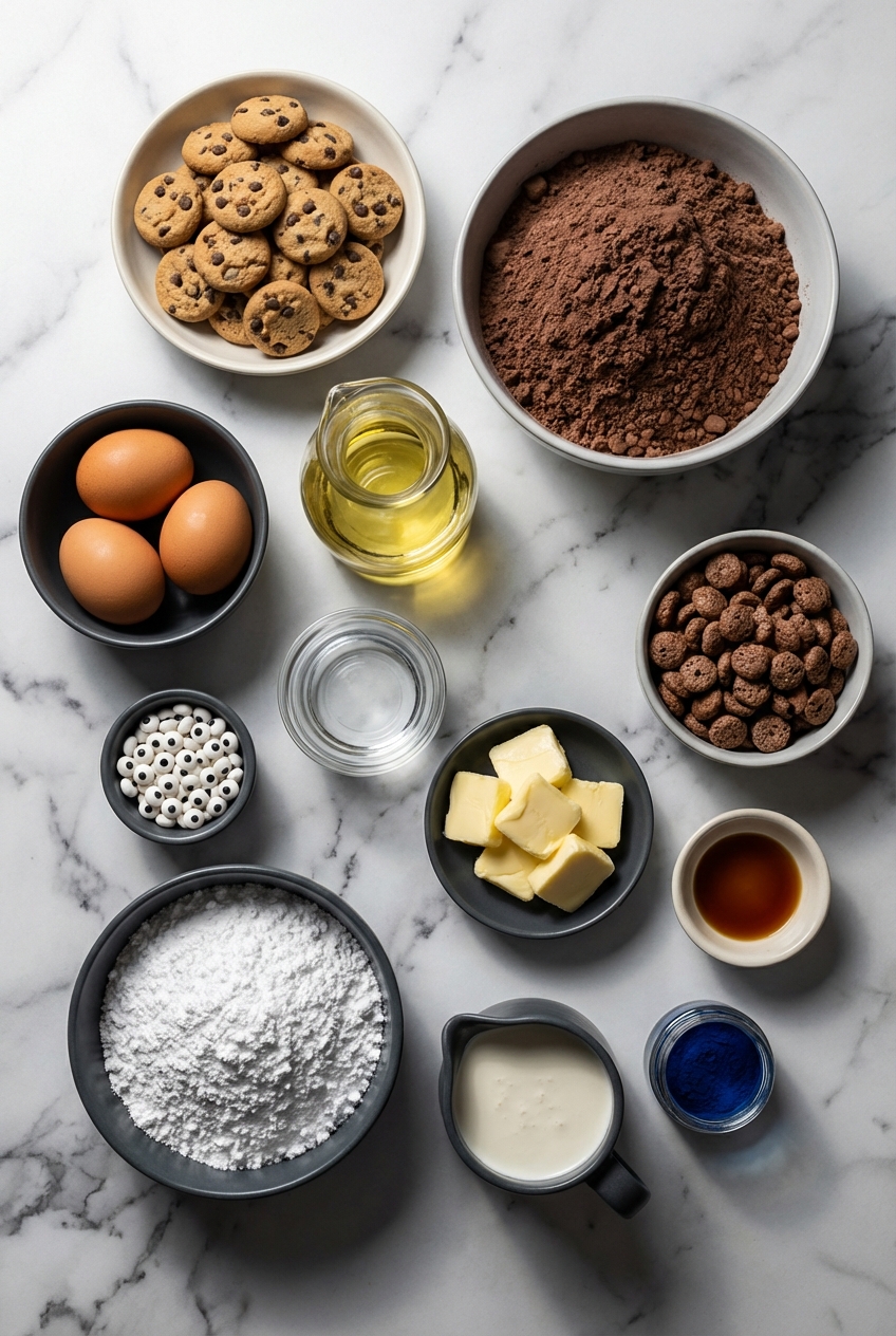 Flat lay of ingredients for Cookie Monster Cupcakes including gel food coloring, candy eyeballs, and cocoa on a contemporary countertop.