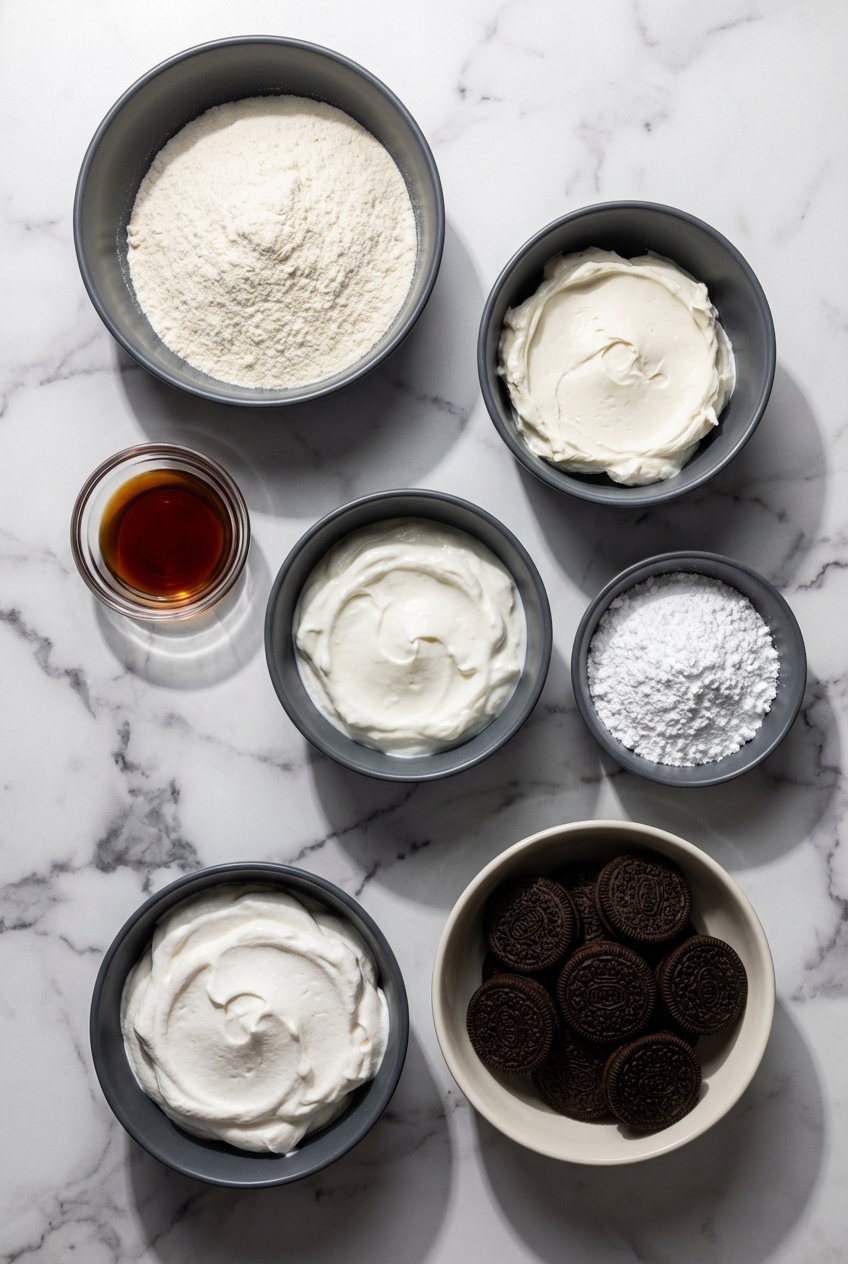 Flat lay of raw ingredients for Cream Cheese Oreo Protein Balls including whey protein, monk fruit sweetener, and erythritol on a white marble surface.