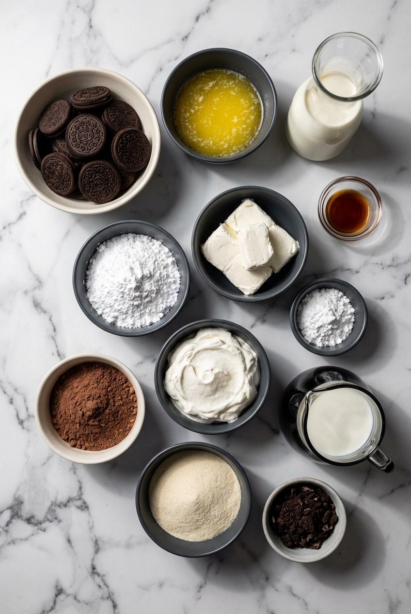 Flat lay of ingredients for Creamy Oreo Lasagna including instant pudding mix, heavy whipping cream, and cookies on a contemporary countertop.