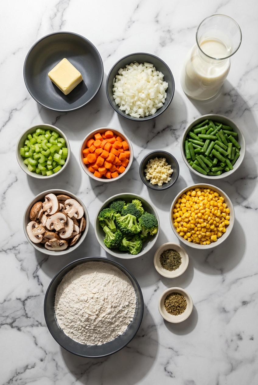 Flat lay of ingredients for Creamy Vegetable Soup featuring mirepoix, alliums, and vegetable broth on a contemporary countertop.
