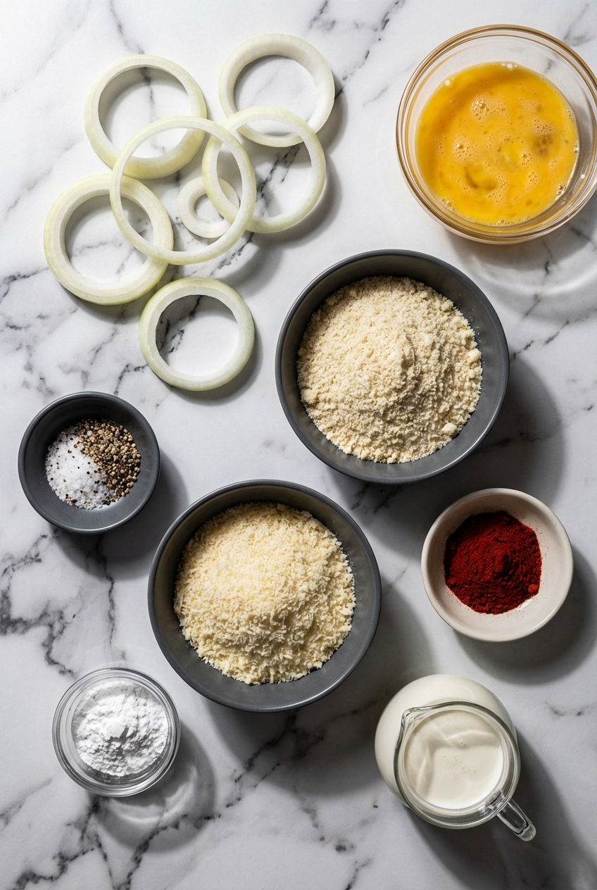Flat lay of ingredients for Crispy Keto Onion Rings including almond flour, parmesan cheese, and pork rinds on a contemporary countertop.