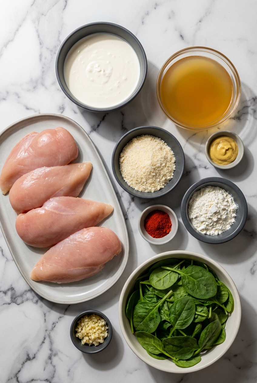 Flat lay of raw ingredients for crockpot tuscan chicken recipe including sun-dried tomatoes, baby spinach, and heavy cream on a contemporary countertop.