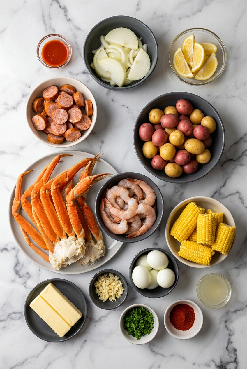 Flat lay of easy seafood boil recipe ingredients with snow crab clusters, andouille sausage, and corn on the cob.