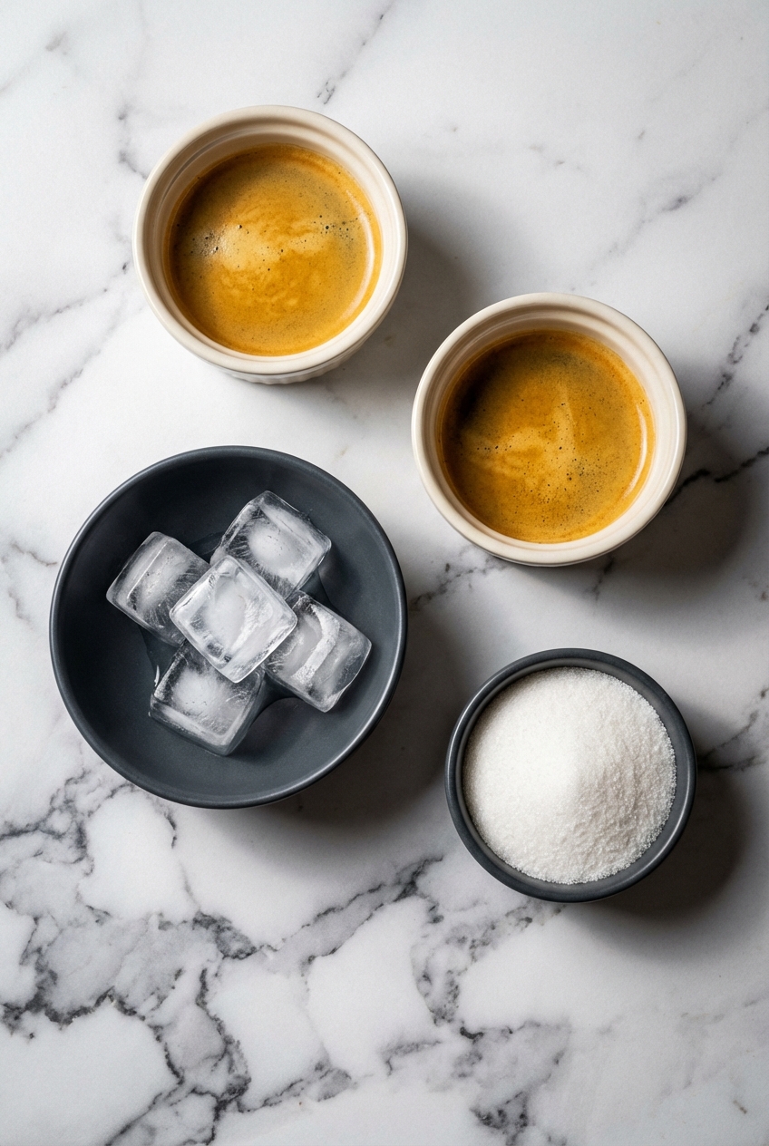 Flat lay of freddo coffee ingredients: double shot espresso, cocktail shaker, and sea salt on a contemporary countertop.