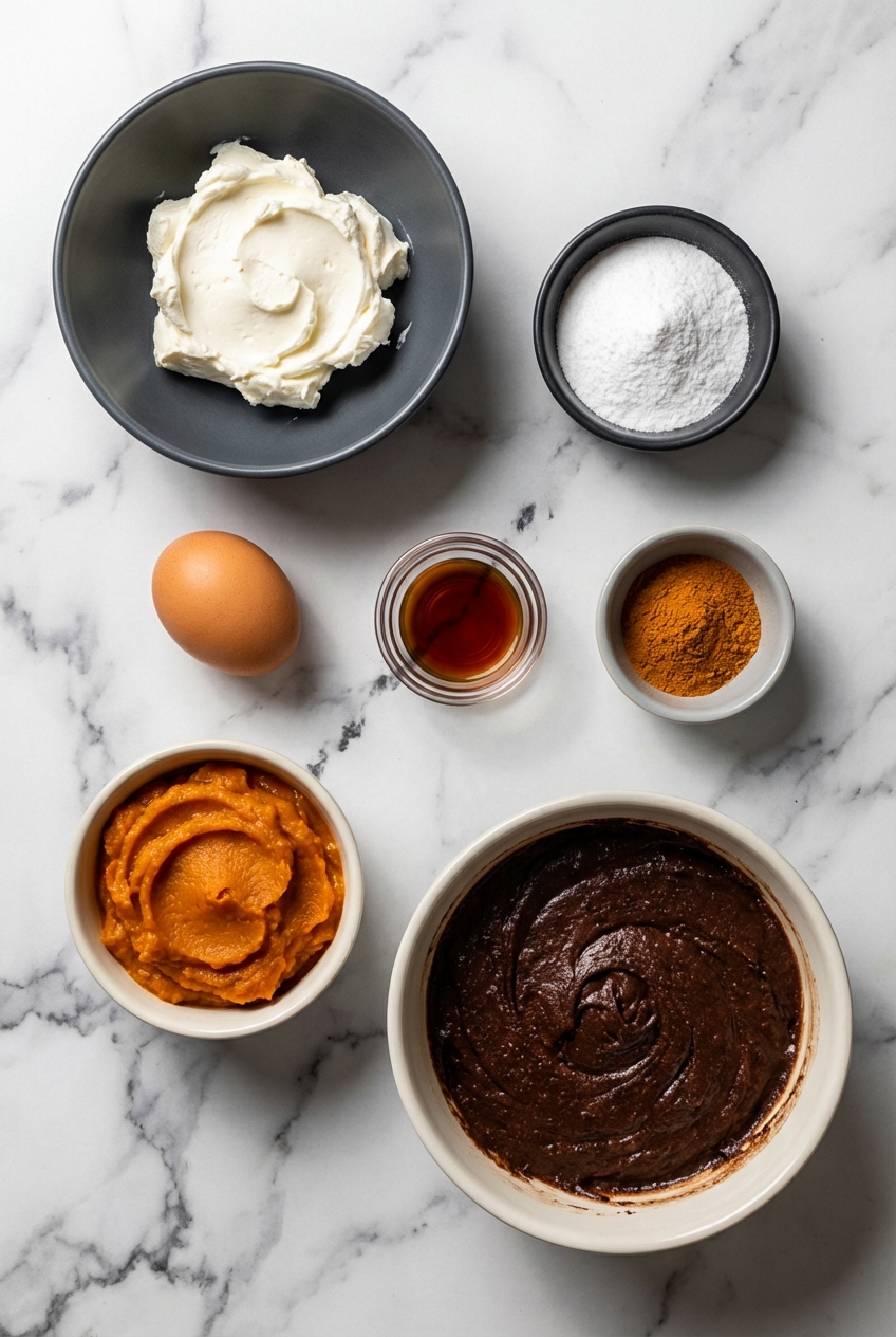 Flat lay of ingredients for Fudgy Keto Pumpkin Brownies including almond flour, pumpkin puree, and Dutch-process cocoa on a contemporary countertop.