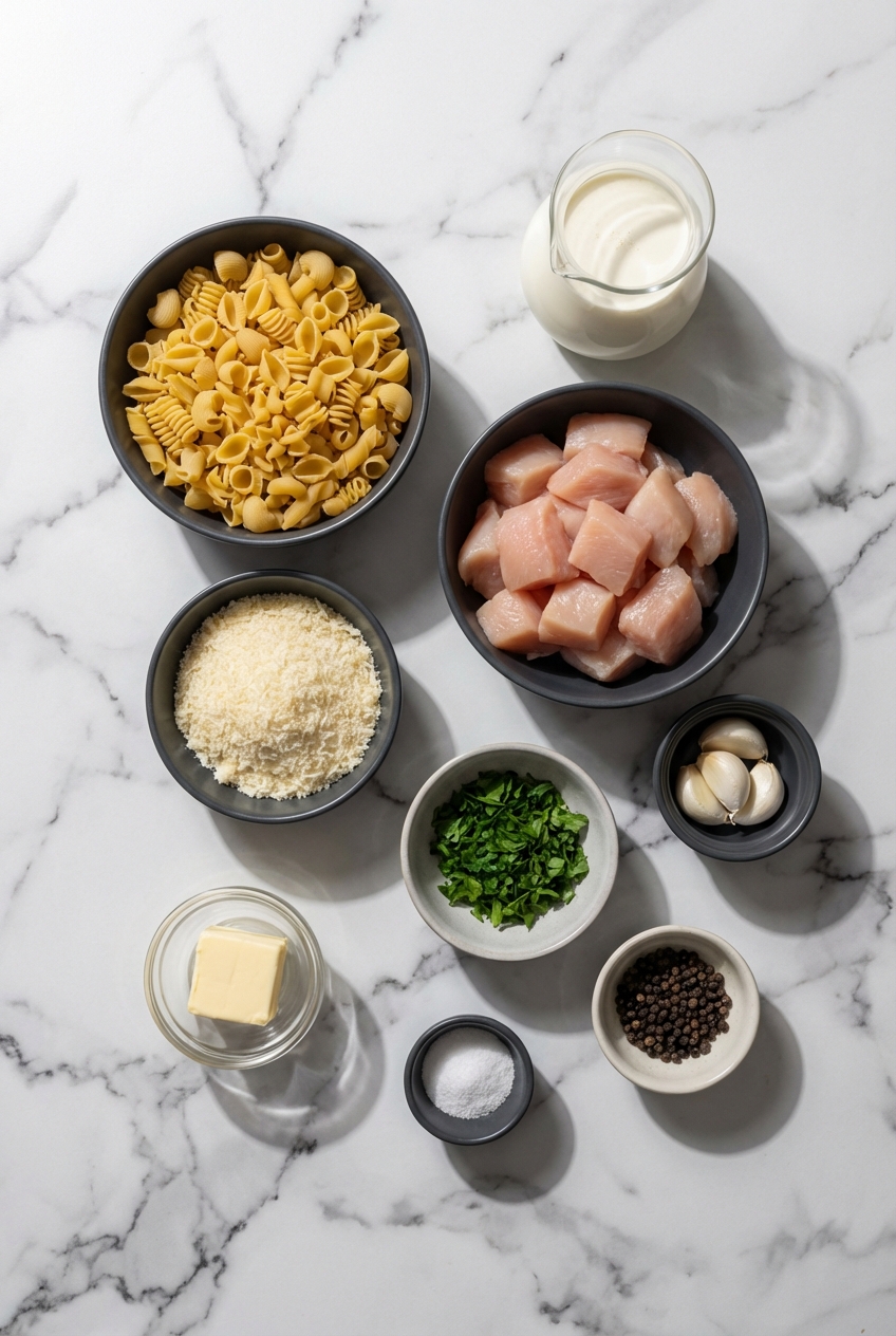Flat lay of raw ingredients for garlic parmesan chicken pasta including Parmigiano-Reggiano, heavy whipping cream, and aromatics on a contemporary countertop.